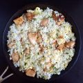 Small pieces of chicken mixed with rice